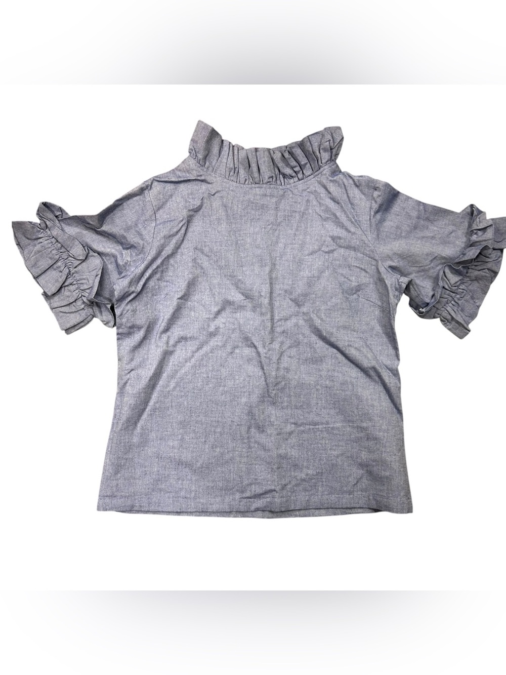 Elizabeth Wilson Ruffled Large Blue Chambray Short Sleeved Top